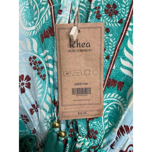 NWT Rhea Rubi Jumpsuit Boho Wide Leg Tassel Tie Waist Floral Green - Picture 7 of 7